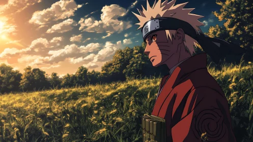 Sunlit ninja sentinel wandering through whispering meadow fields.