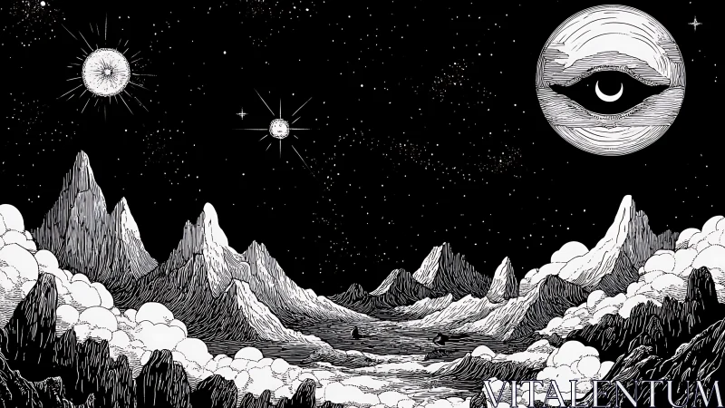 Monochrome cosmic landscape with mountains and all seeing eye.