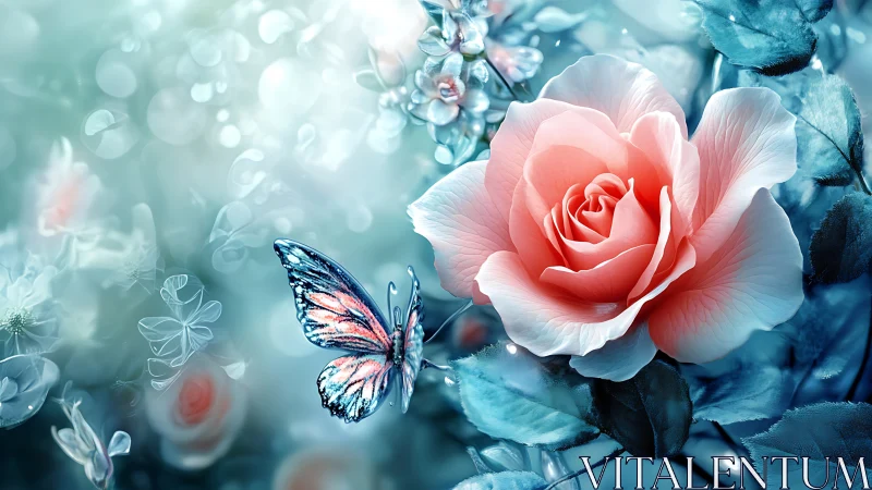 Digital painting of rose bloom and iridescent butterfly in bokeh garden.
