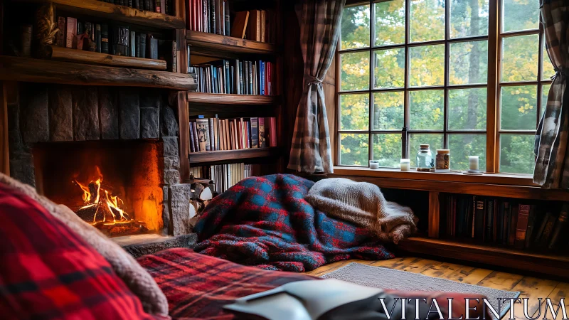 Cozy Reading Sanctuary: Firelit Library Nook with Plaid Comfort.