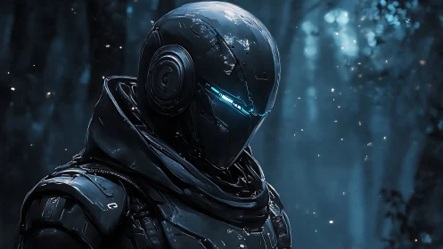 Armored humanoid robot stands in dim blue forest environment