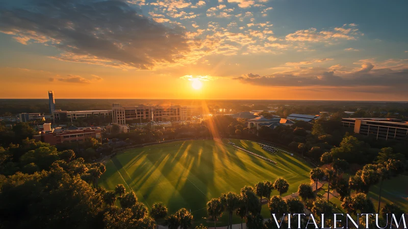 Aerial campus skyline under warm sunset with athletic field