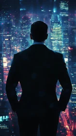 Executive Silhouette Against Neon Urban Skyline.