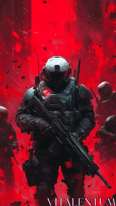 Armored infantry unit advancing through red smoke field.