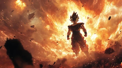 Blazing warrior ascends through a storm of shattered fire.