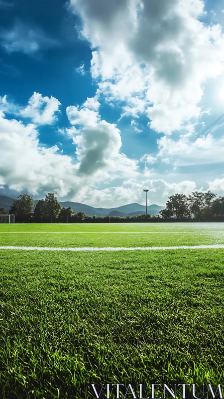 Sunlit soccer field stretches under expansive clouded sky.