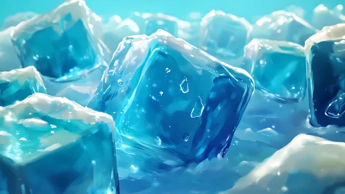 Vibrant blue ice cubes in close-up frozen landscape.