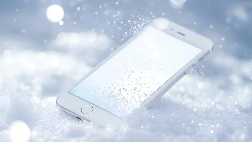 High-key smartphone macro in icy water splash environment.
