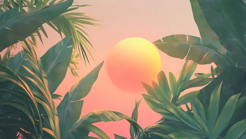 Sunset orb drifts through lush tropical leaves in pastel haze