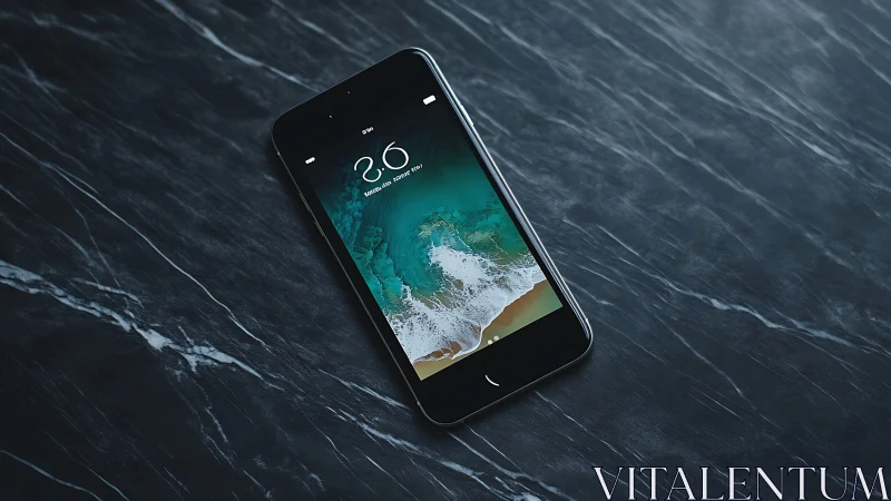 Smartphone displaying beach scene with time display on dark textured surface