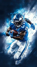 American football runner in blue uniform charging forward.