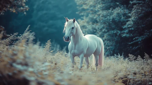 Moonlit meadow stallion pausing in frosted daydream hush.