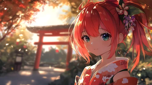 Red-haired shrine girl smiles in warm autumn sunlight.