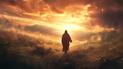 Solitary robed figure walks toward blazing golden sunrise