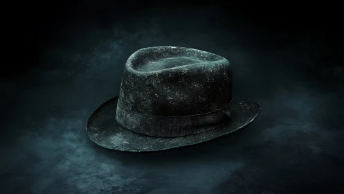 Weathered midnight fedora resting in cinematic fog.