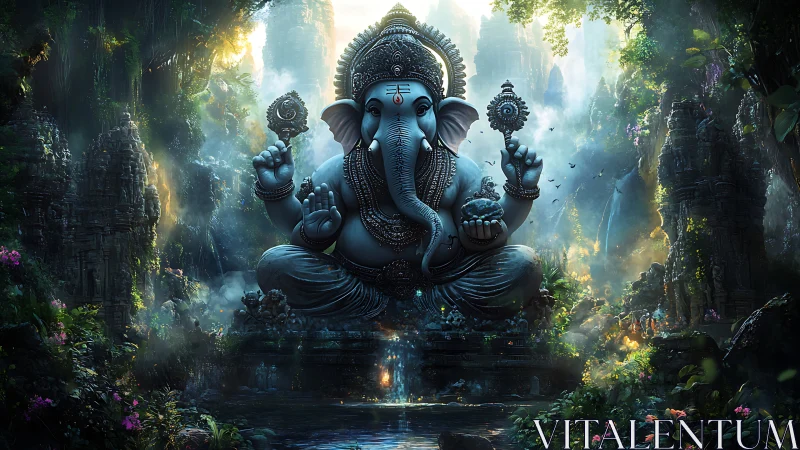 Elephant deity awakens in emerald jungle shrine of light.