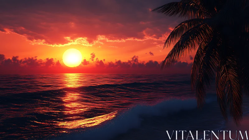 Crimson tides cradle the setting sun beneath quiet palms