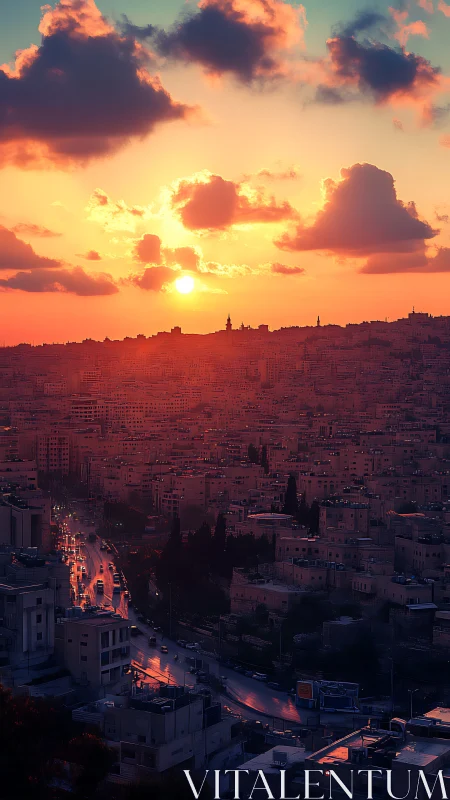 Sunlit urban skyline under vivid crimson sunset glow.