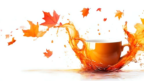 Autumn orange ceramic mug splashing liquid with maple leaves