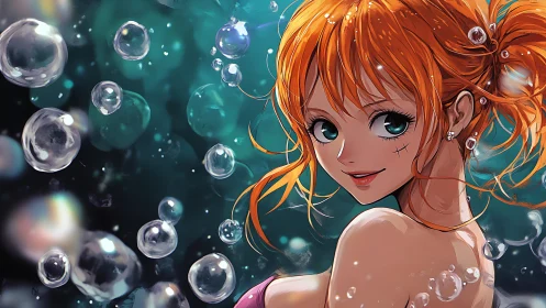 Anime girl underwater with bubbles and vibrant orange hair.