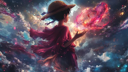 Anime boy in straw hat studies glowing nebula heart shape