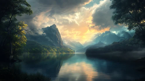 Hyperreal alpine lake at dawn with volumetric clouds and mist