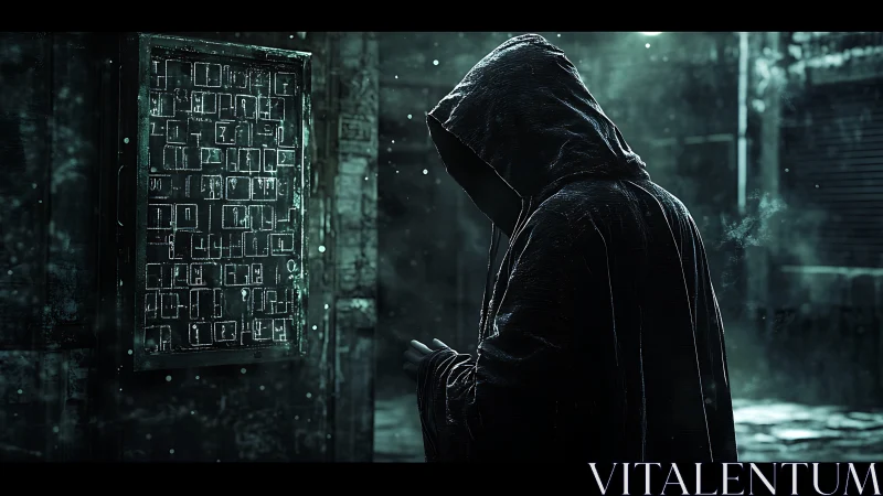 Hooded hacker studies glowing code wall in a rainy alley