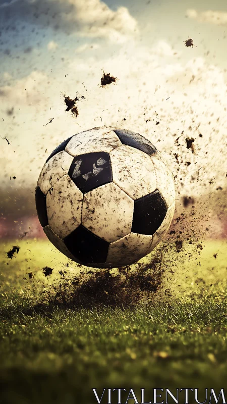 Soccer ball impacts wet grass and launches soil into the air