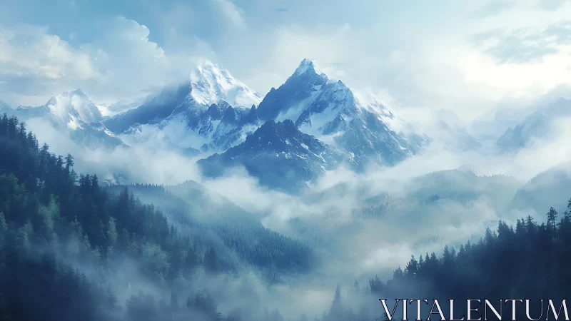 Gentle blue mountains rising over drifting forest mist.