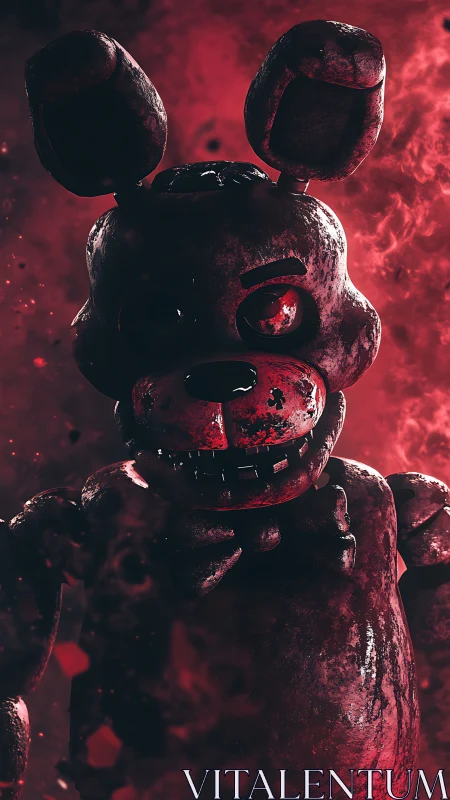 Rust-scorched animatronic bunny stalks through crimson smoke.