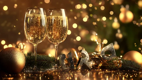 Festive champagne flutes with 2024 golden New Year décor