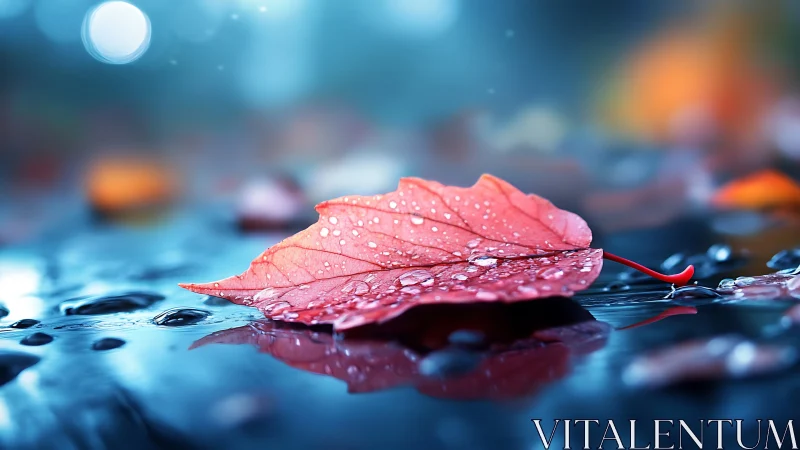 Macro study of rain-beaded red leaf on reflective wet surface.