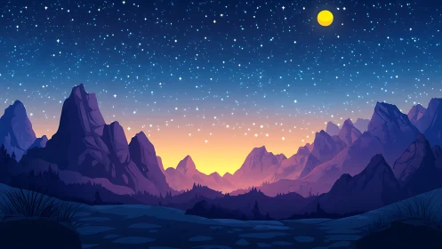 Starlit mountain valley under glowing dusk horizon