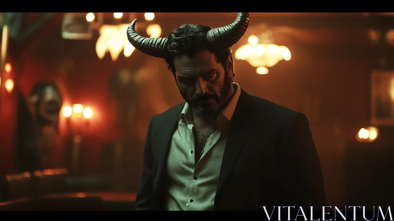 Brooding horned gentleman in moody barroom lighting.