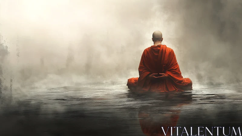 Solitary monk meditates in mist over reflective water plane