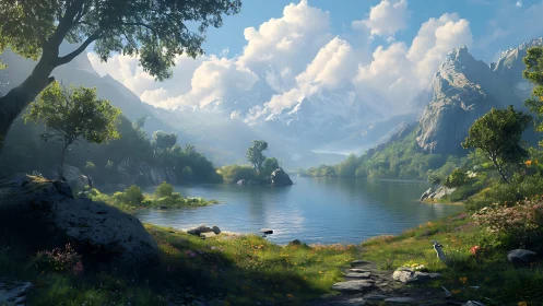 Mountain lake landscape with trees, rocks, and distant peaks.