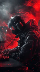 Focused gamer in vivid red glow at an intense battlestation.