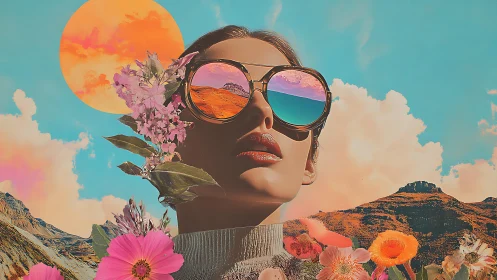 Surreal female portrait with mirrored sunglasses and flowers.