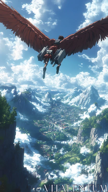 Winged humanoid over mountain valley city under clouds.
