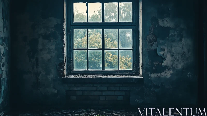 A decayed interior window frames soft foliage under muted light