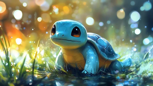 Cartoon turtle character sits in glowing grass at dusk