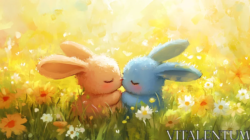 Two pastel bunnies share a gentle kiss in sunlit meadow.