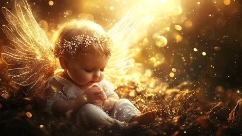 Golden-winged baby angel resting in a forest glow.