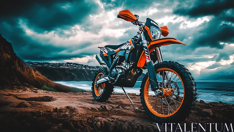 Enduro motorcycle dominates stormy coastal cliff trail.