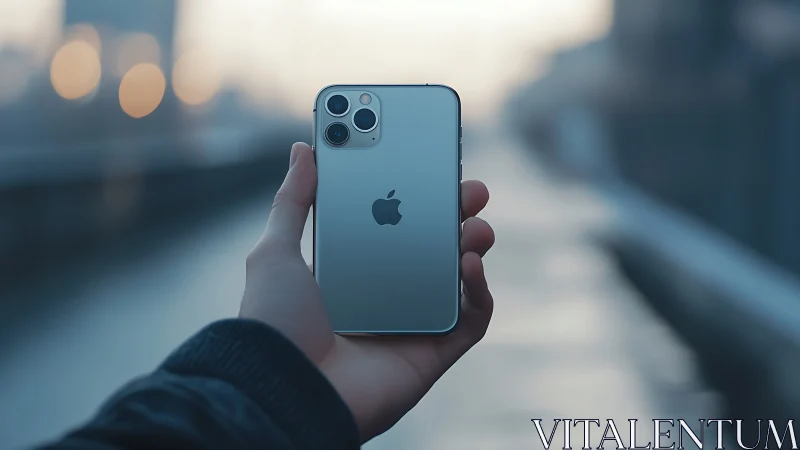 Smartphone held in hand against blurred urban background.