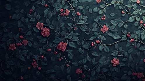 Botanical Composition Rendered with Digital Layering: Crimson Florals Against Tonal Dark Foliage