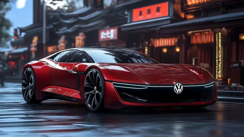 Aerodynamic Volkswagen EV concept in neon-lit urban streetscape.
