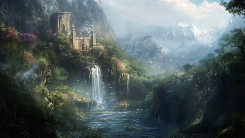 Mountain fortress above waterfall in dense forest valley.