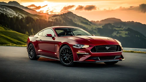 Red sports coupe on mountain road at sunset, front view.