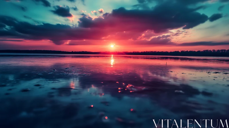 Crimson sun melts into teal clouds above glassy shoreline